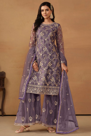 Dusty Purple Net Embroidered Sarara Kameez Suit