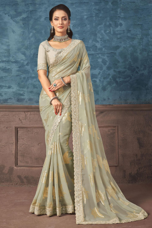 Grey Georgette Zari Jacquard Saree with Embroidered Blouse