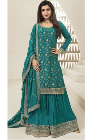 Nidhi Shah Rama Green Embroidered Chinnon Jacquard Palazzo Kameez