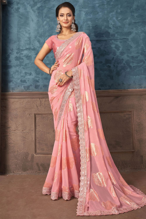 Pink Georgette Zari Jacquard Saree with Embroidered Blouse