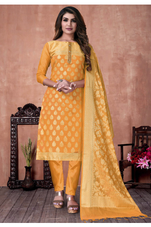Yellow Woven Banarasi Silk Suit