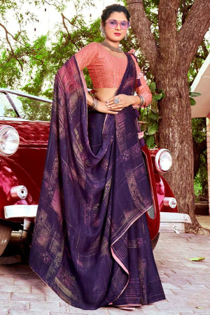 Eggplant Crepe Saree with Embroidered Blouse