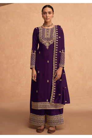 Eggplant Embroidered Faux Georgette Palazzo Kameez