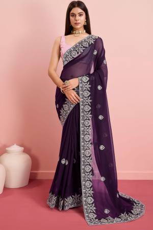 Eggplant Embroidered Georgette Saree for Party