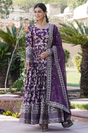 Eggplant Embroidered Viscose Jacquard Gown with Dupatta