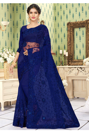 Egyptian Blue Embroidered Net Saree