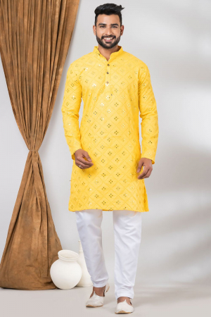 Eid Special Sunny Yellow Mirror Work Kurta Set