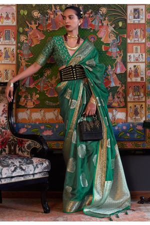 Emerald Green Handloom Weaving Organza Saree