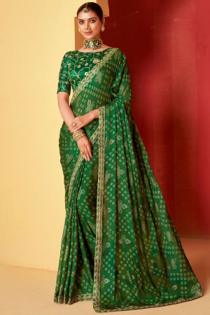 Emerald Green Moss Chiffon Saree with Embroidered Blouse