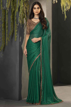 Emerald Green Satin Saree with Embroidered Blouse