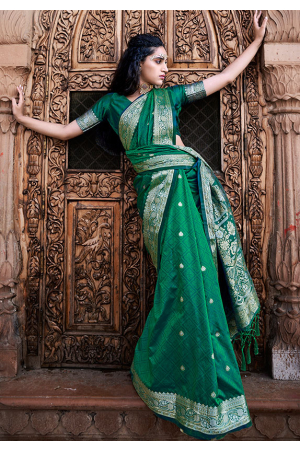 Emerald Green Zari Weaving Pure Satin Silk Saree