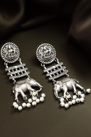 Beads Studded Silver Oxidized Earrings