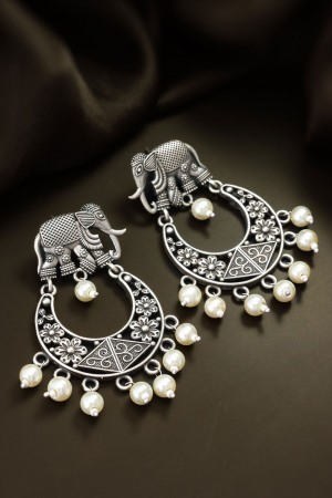 Silver Oxidized Studded Chandbali Earrings