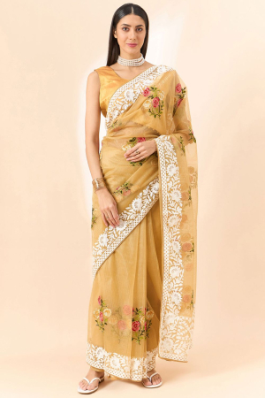 Fawn Floral Embroidered Organza Saree