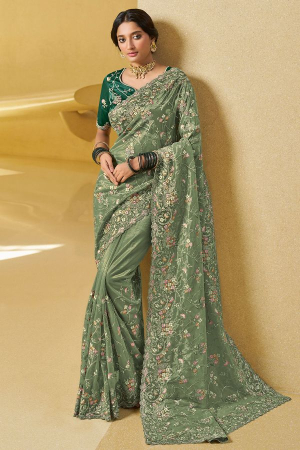 Fern Green Embroidered Party Wear Saree
