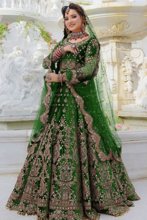 Fern Green Embroidered Velvet Bridal Lehenga Choli