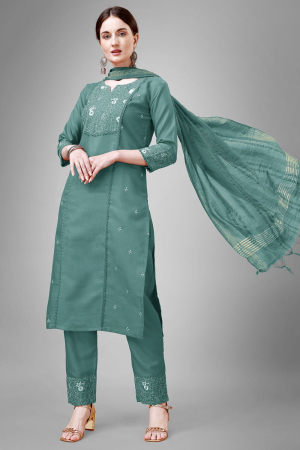 Fern Green Readymade Cotton Pant Kameez Suit