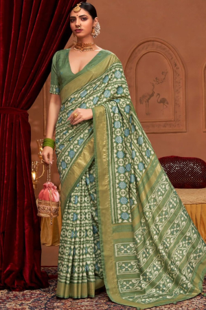 Fern Green Velvet Tussar Silk Printed Saree