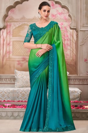 Firozi and Lime Green Satin Chiffon Saree with Embroidered Blouse