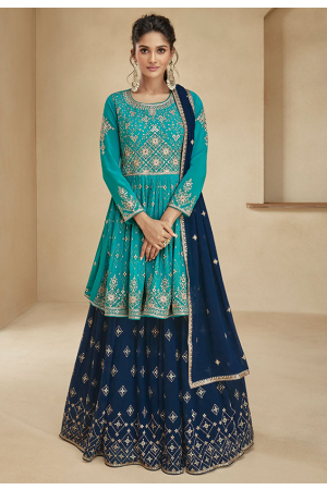 Firozi and Navy Blue Real Georgette Lehenga Suit