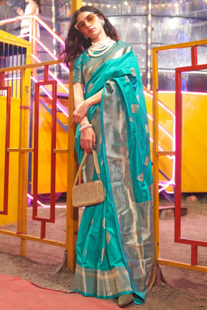 Firozi Blue Handloom Weaving Silk Saree