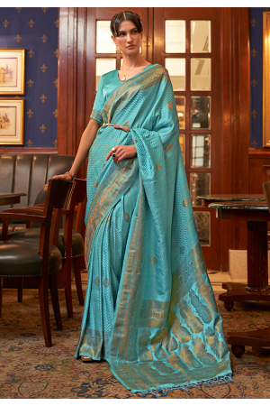 Firozi Blue Pure Satin Weaving Silk Saree