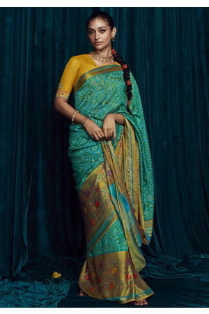 Firozi Brasso Saree with Embroidered Blouse