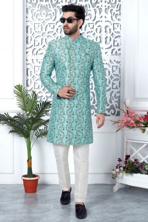 Firozi Jacquard Silk Indo Western Outfit