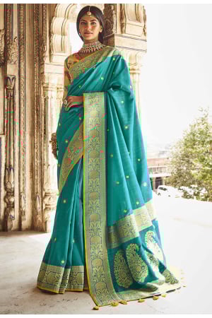 Firozi Pure Silk Heavy Designer Saree