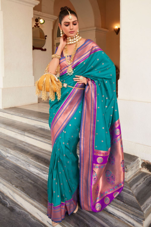 Firozi Woven Peshwai Paithani Silk Saree