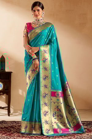 Firozi Zari Woven Paithani Silk Saree