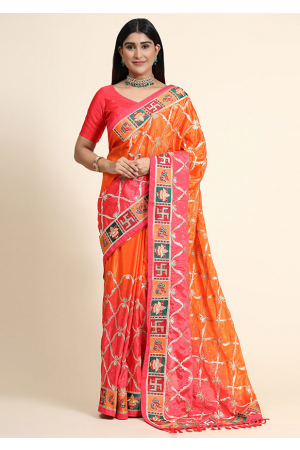 Flame Orange and Pink Embroidered Chinnon Silk Saree