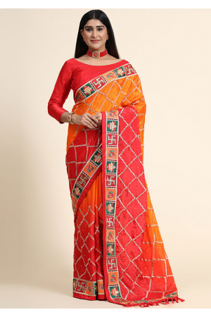 Flame Orange and Red Embroidered Chinnon Silk Saree