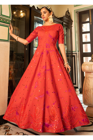 Flame Orange Embroidered Cotton Gown
