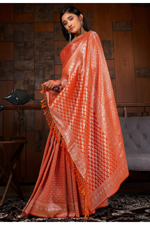 Flame Orange Woven Raw Silk Saree