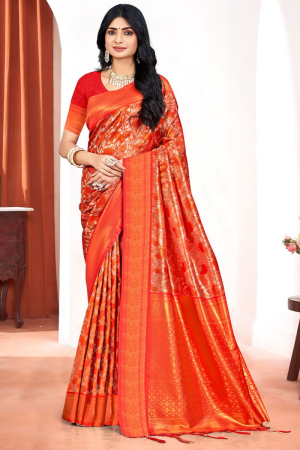 Flame Orange Zari Woven Kanjivaram Silk Saree