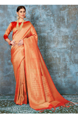 Flame Red Woven Silk Saree
