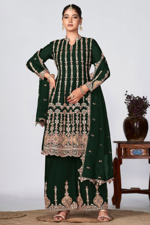 Forest Green Embroidered Chinnon Designer Palazzo Kameez