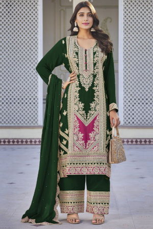Forest Green Embroidered Chinnon Trouser Kameez