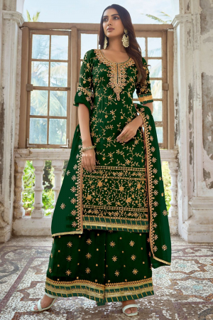 Forest Green Embroidered Faux Georgette Palazzo Kameez