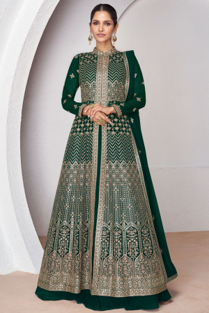 Forest Green Embroidered Georgette Lehenga Kameez