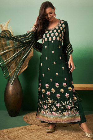 Forest Green Embroidered Georgette Palazzo Kameez