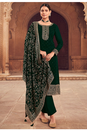 Forest Green Embroidered Georgette Trouser Kameez