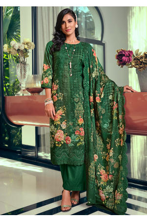 Forest Green Embroidered Muslin Plus Size Suit