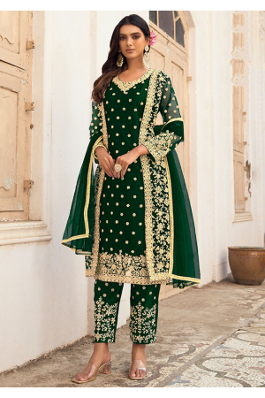 Forest Green Embroidered Net Pant Kameez