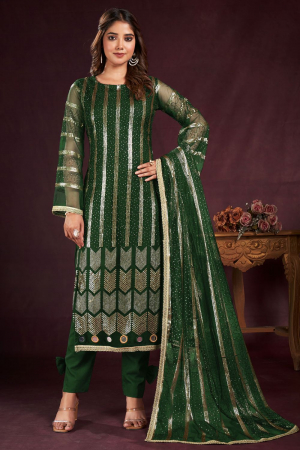 Forest Green Embroidered Net Plus Size Suit