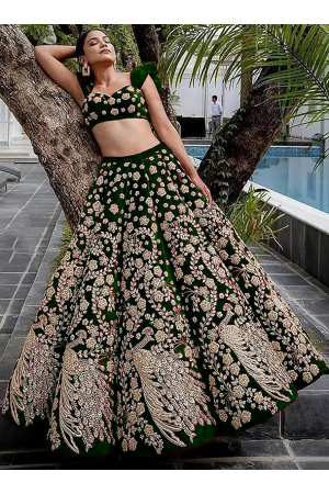 Forest Green Embroidered Velvet Bridal Lehenga Choli