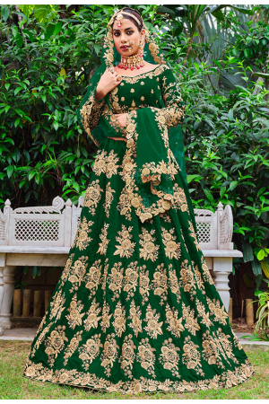 Forest Green Embroidered Velvet Bridal Lehenga Choli