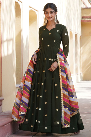 Forest Green Flared Faux Georgette Gown with Dupatta