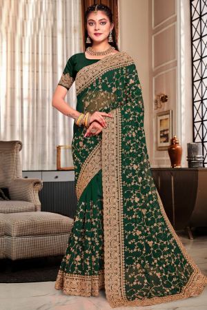 Forest Green Heavy Embroidered Georgette Saree